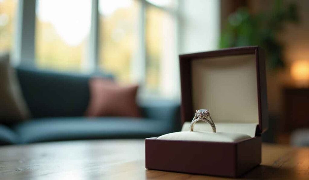 A diamond ring in an open box sits on a wooden table with a blurred background of a sofa and pillows in a softly lit room.