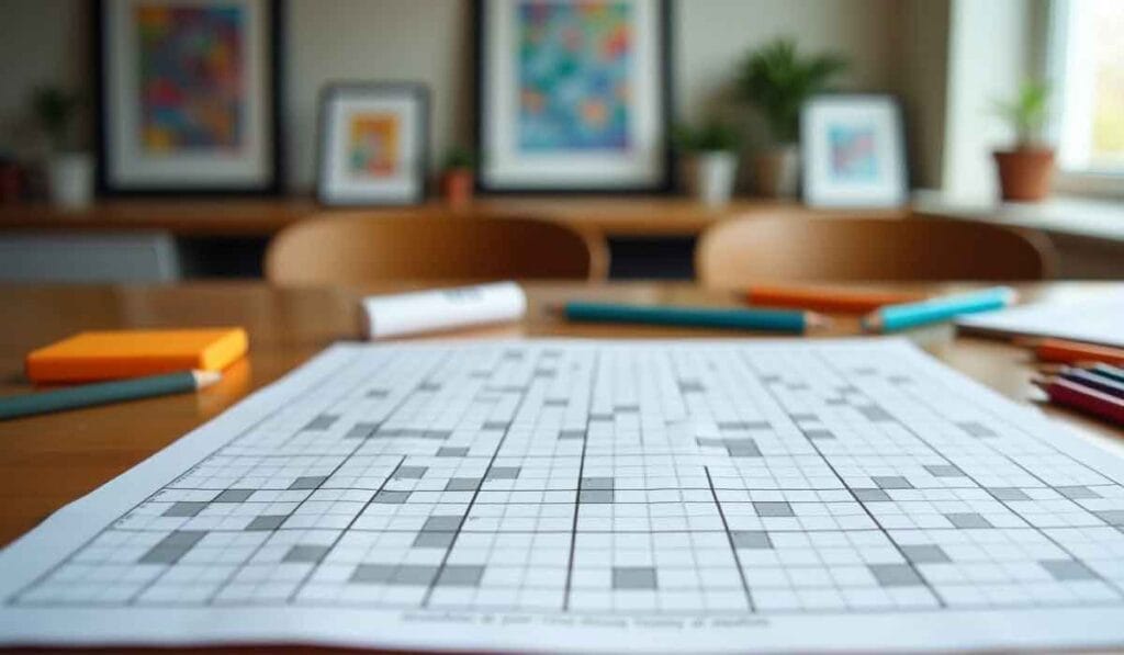 Close-up of an unfinished crossword puzzle on a wooden table, surrounded by colored pencils. Three framed abstract artworks hang on a wall in the blurred background.