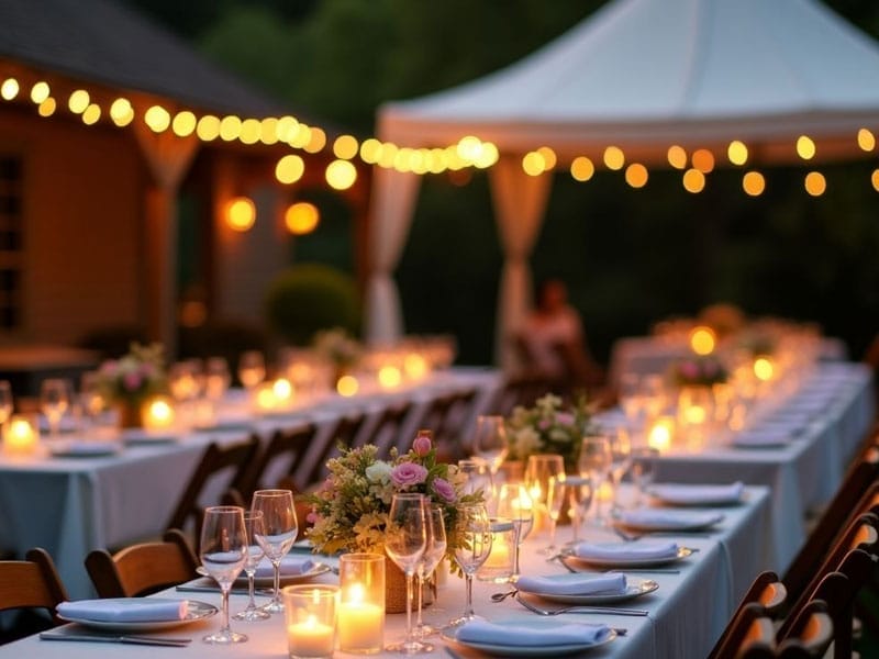 Outdoor wedding reception with tables set for dinner, decorated with flowers and candles. String lights are hung above, creating a warm, inviting atmosphere under a canopy.