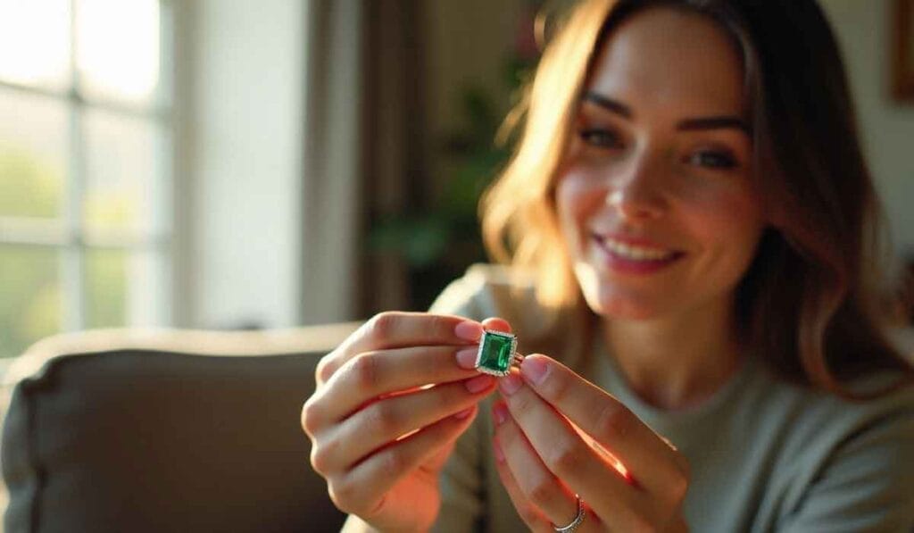 Person smiling and holding a small green circuit board with two hands in a brightly lit room.