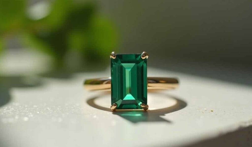 A gold ring with a rectangular green gemstone on a sunlit surface.