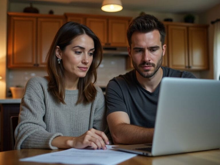 A man and woman sit at a table, focused on a laptop, with papers spread in front of them in a kitchen setting.