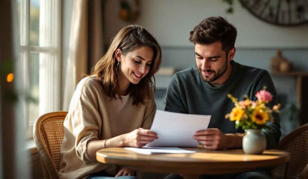 A woman and a man sit at a table, looking at a paper together. A small vase with flowers is on the table.