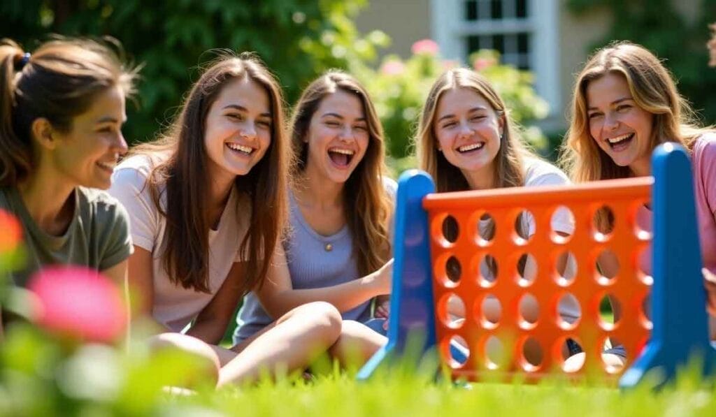 Five people sitting on grass, smiling and playing a giant Connect Four game outdoors.