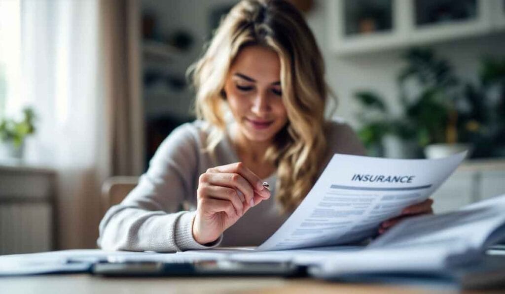 Woman reading an insurance document at a table, surrounded by papers, pen in hand, in a well-lit room with plants in the background.