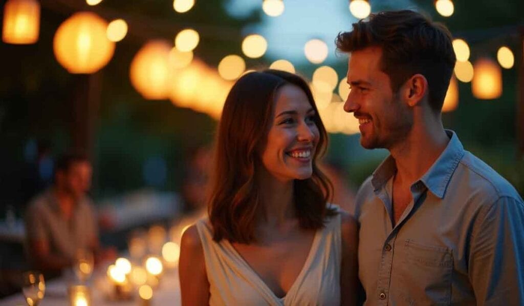 A smiling couple stands outdoors under glowing string lights, engaging in conversation during an evening gathering.