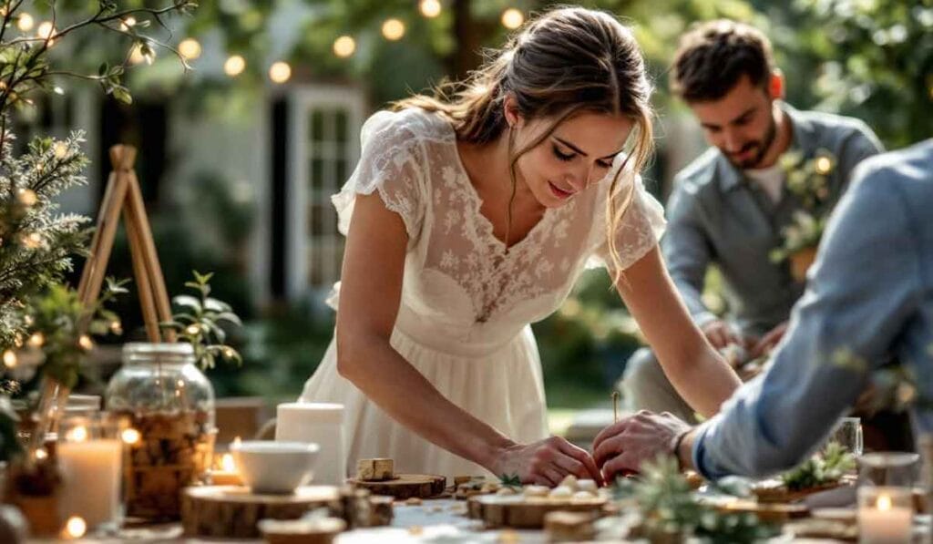 Woman in a white dress arranging items on an outdoor table decorated with candles and plants; a man stands nearby.