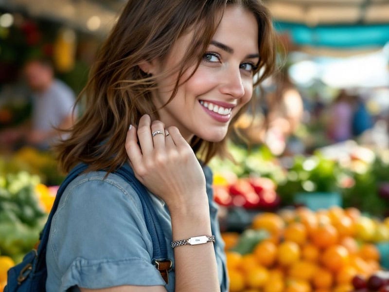 Woman smiling at an outdoor market, surrounded by colorful fruits and vegetables. She's wearing a denim shirt and a bracelet, with shoulder-length hair.