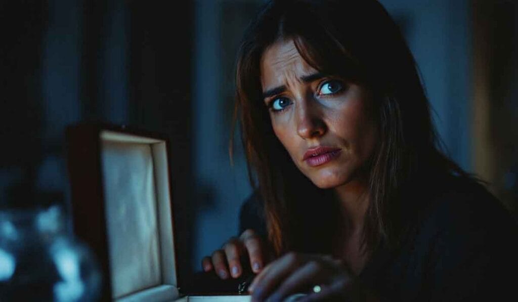 A woman with long hair looks concerned while holding a wooden box, in a dimly lit room.