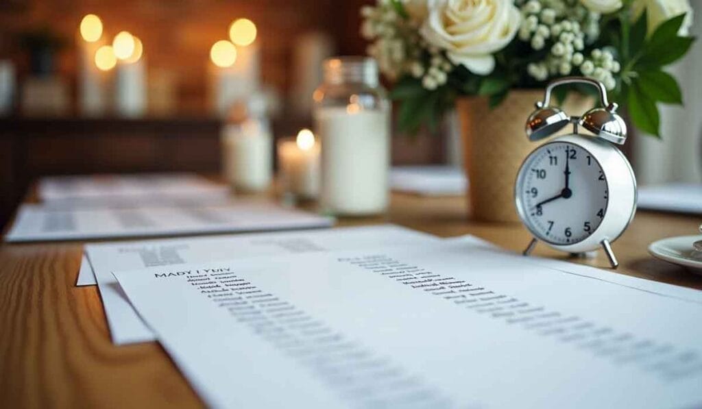 A table displays papers with lists, an alarm clock, a jar candle, and a floral arrangement with white roses and greenery in soft focus background.