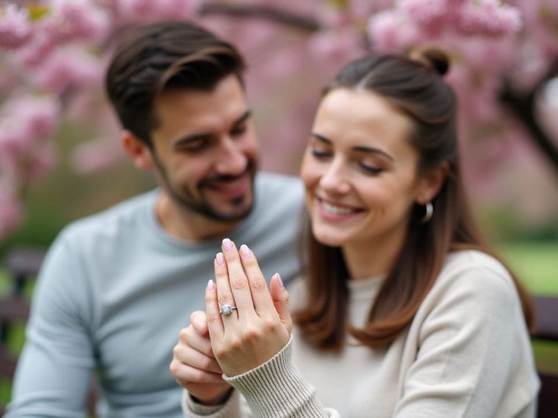 Couple sitting on a bench with blooming cherry blossoms in the background. The woman smiles, showing an engagement ring on her hand.