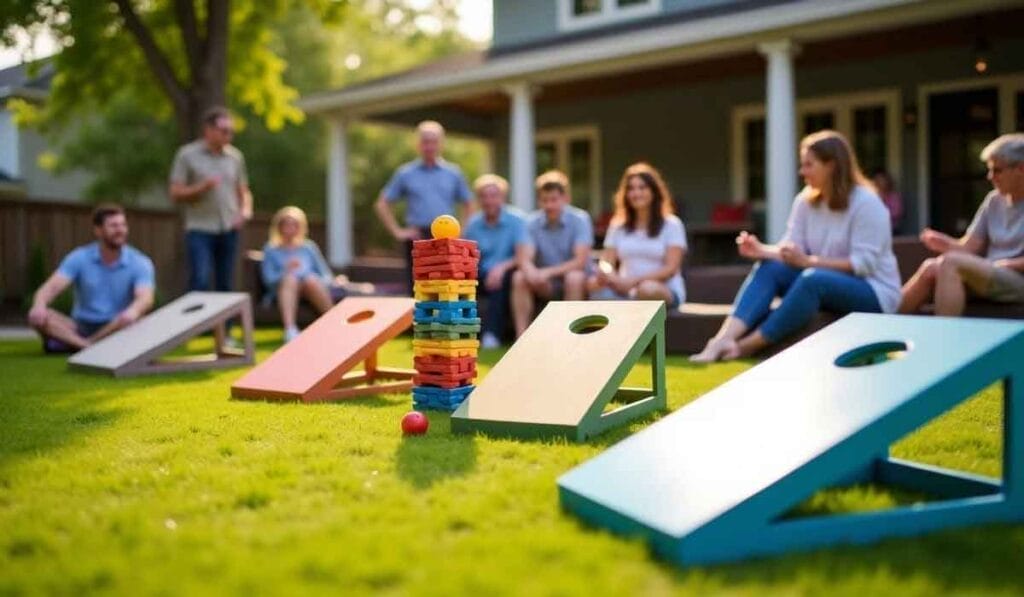 People sitting on a lawn near a house, watching a game setup with colorful cornhole boards and a stack of discs.