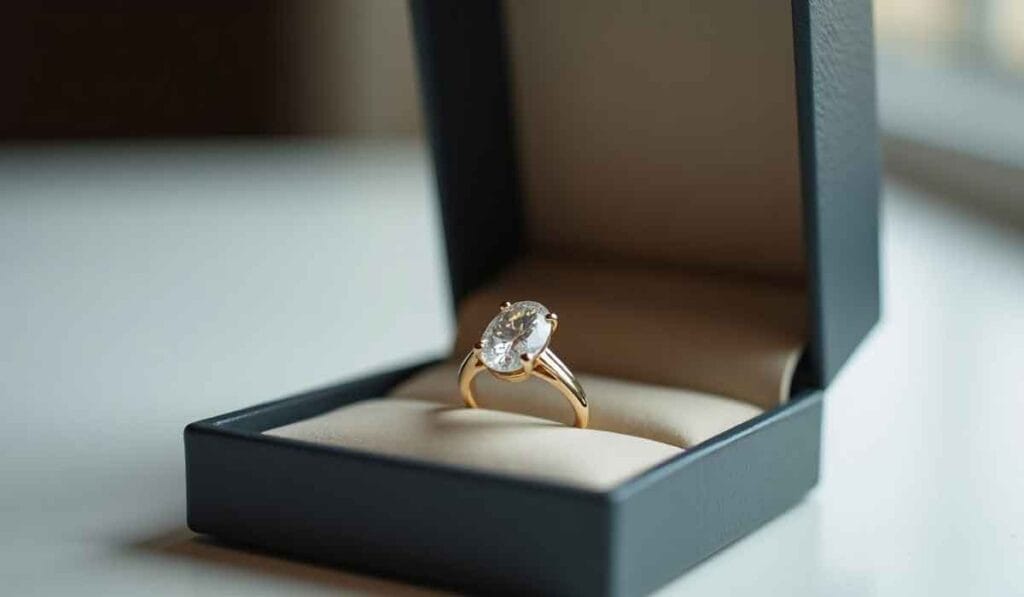 A gold ring with a large oval diamond sits in an open black ring box on a light surface.