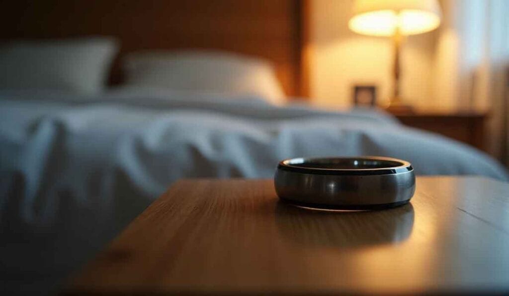 A smart speaker rests on a wooden nightstand in a softly lit bedroom with a bed and lamp in the background.