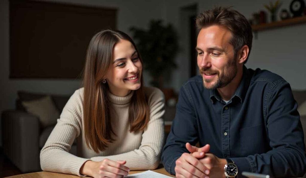 A woman and man sit together at a table, smiling and engaged in conversation in a cozy, dimly lit room.