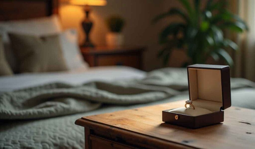 A diamond ring in an open box sits on a wooden table in a softly lit bedroom with a neatly made bed and a lamp.