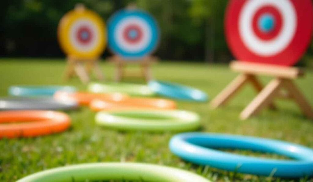 Colorful ring toss game setup on grass with three target stands in the background.