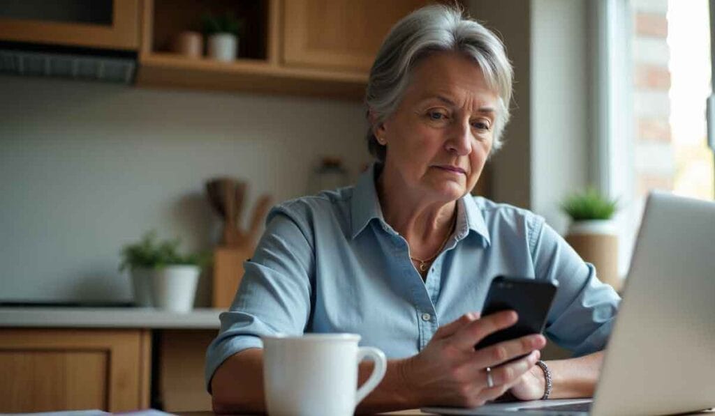 Older woman with gray hair sitting at a table, looking at her smartphone, with a laptop open in front of her and a white mug on the table in a well-lit room.