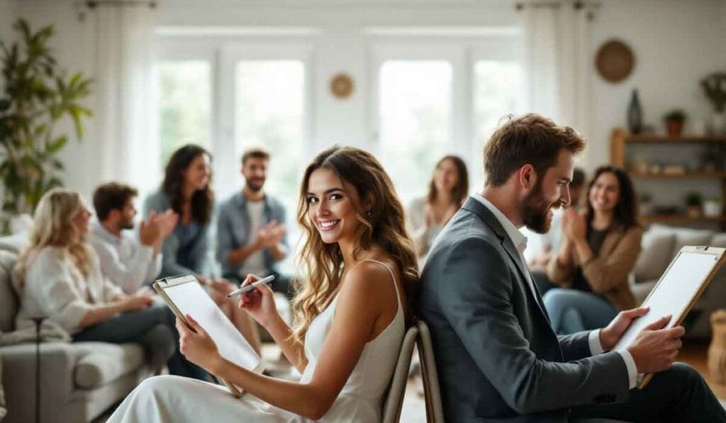 A woman and man sit back-to-back holding clipboards in a room with people sitting on couches clapping in the background.