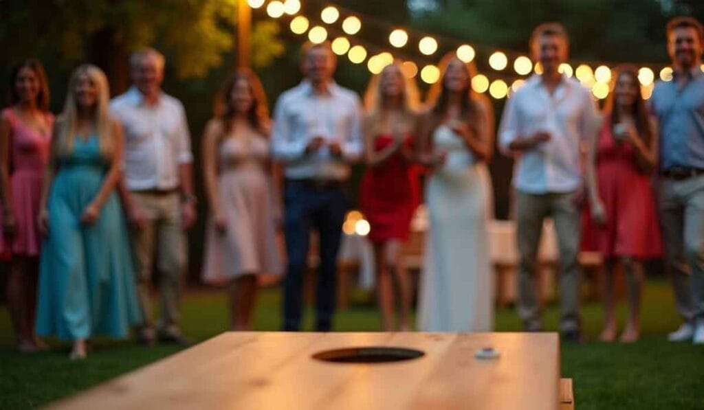 A group of people standing near a cornhole game at an outdoor gathering, with string lights in the background.