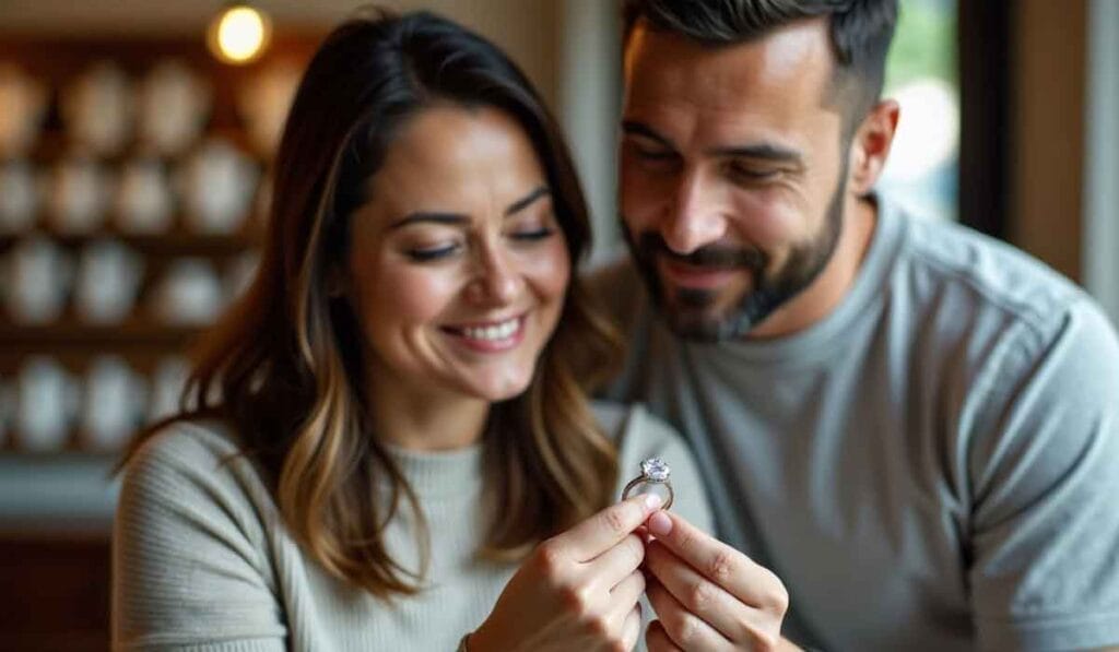 A smiling couple looks at an engagement ring together indoors.