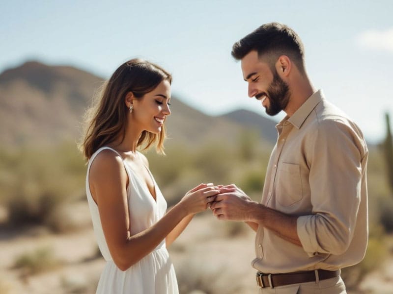 A couple exchanges rings in an outdoor setting with desert landscape in the background. Both are smiling and appear happy.