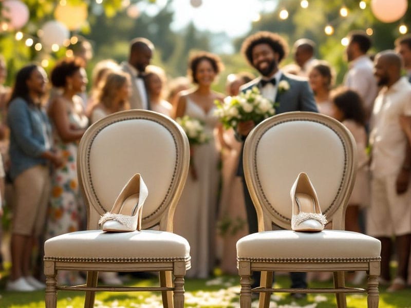 Two chairs with shoes placed on them are in the foreground, with a smiling couple and a group of people in formal attire blurred in the background, outdoors with string lights.