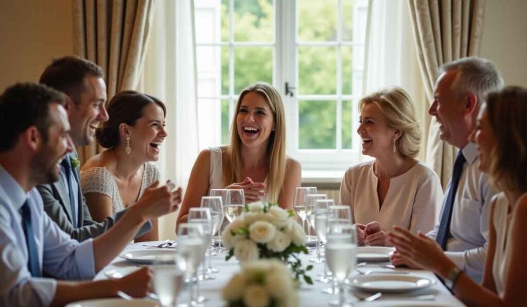 A group of people sitting around a dining table, laughing and chatting, with a flower arrangement in the center.