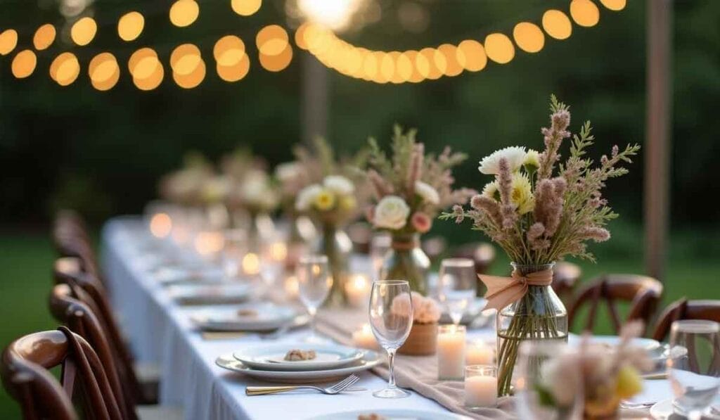 A long outdoor table set for an event, adorned with floral arrangements, candles, and hanging string lights, creating a warm, festive atmosphere.