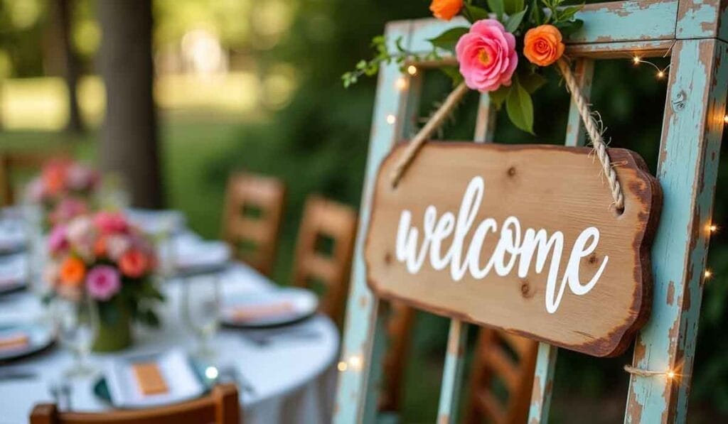 A "welcome" sign hangs from a rustic frame, with a decorated table set for an outdoor event in the background.