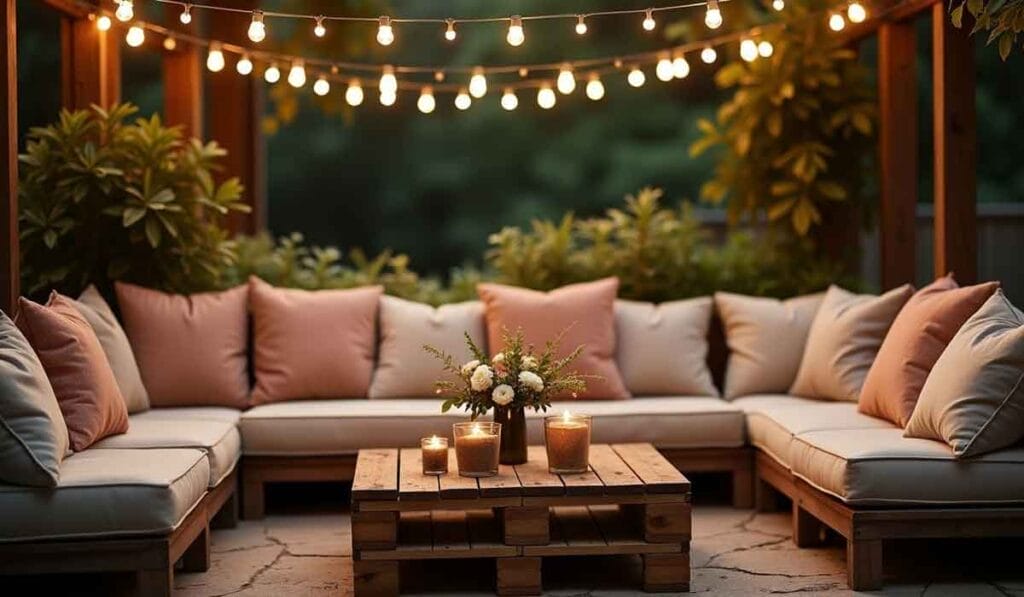 Outdoor patio with string lights, sectional sofa, and a wooden coffee table topped with candles and a flower arrangement. Surrounded by green foliage.