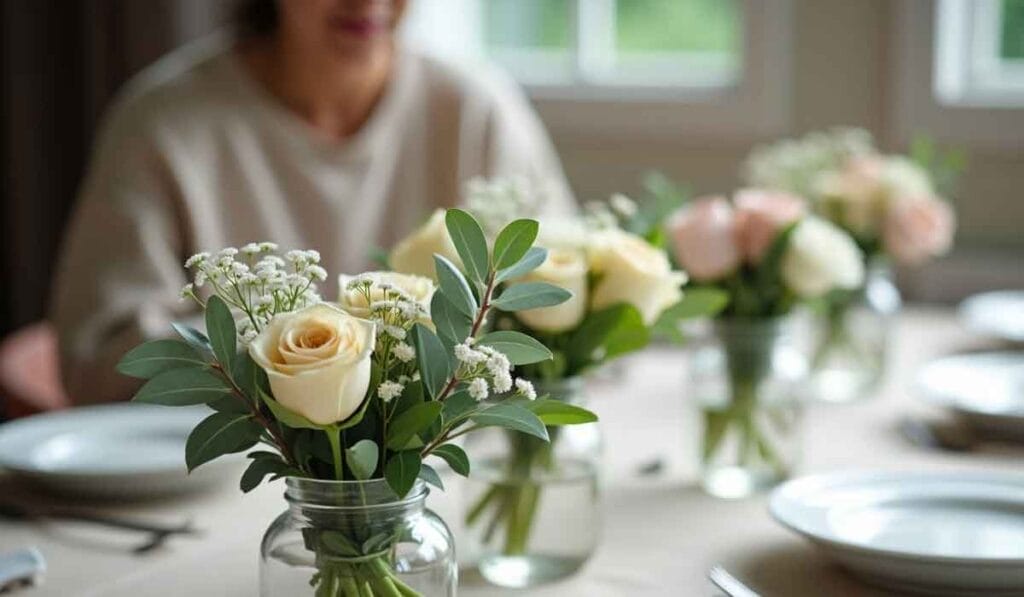 Vases with roses and white flowers on a table set with plates, next to a blurred person in the background.