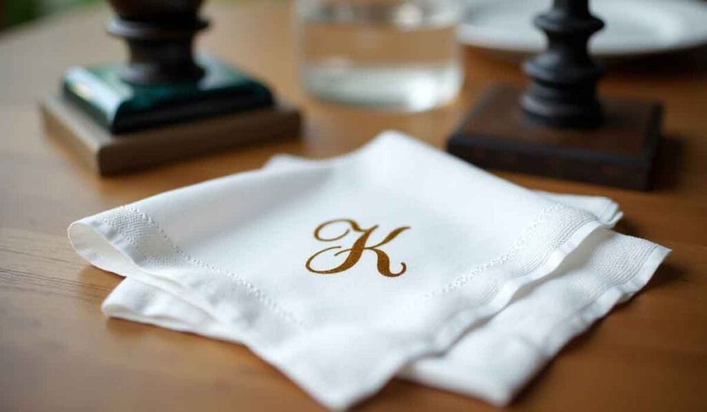 White napkins with a gold letter "K" embroidered on top, placed on a wooden table near glass and wooden objects.