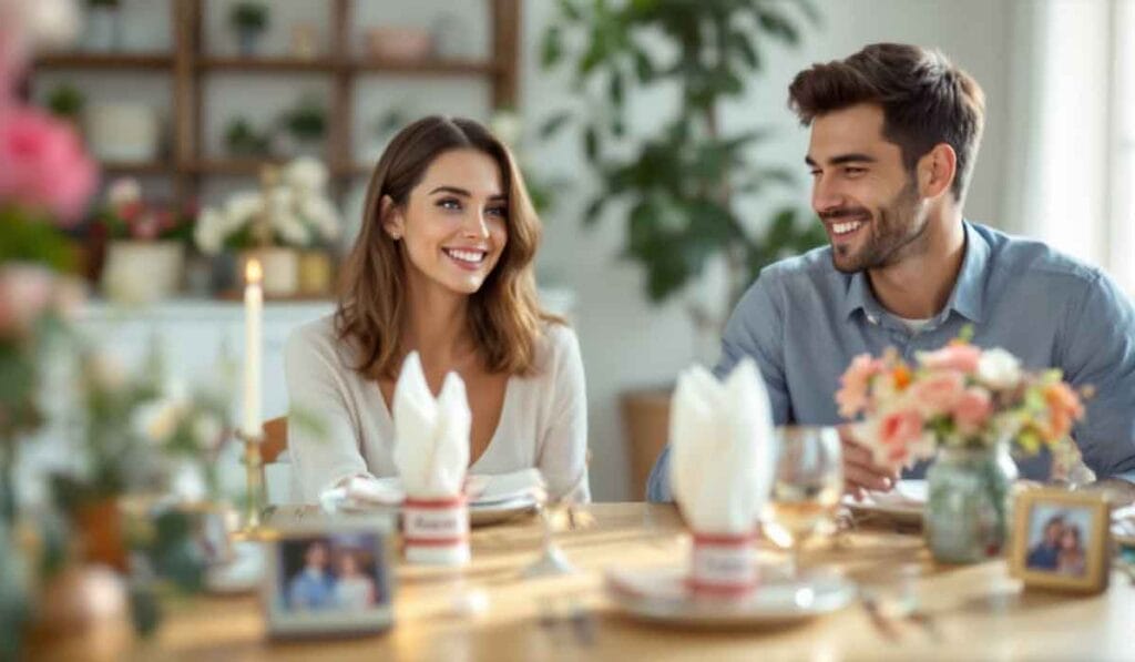 A man and woman sitting at a dining table set with flowers and candles, smiling at each other.