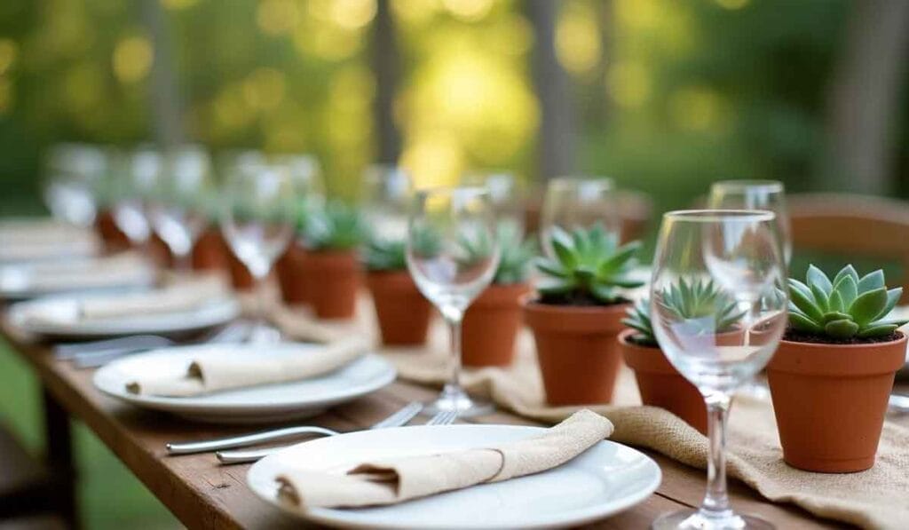 A rustic outdoor table setting with plates, cutlery, and wine glasses. Small potted succulents are placed along the center on a burlap runner. Lush greenery is visible in the background.