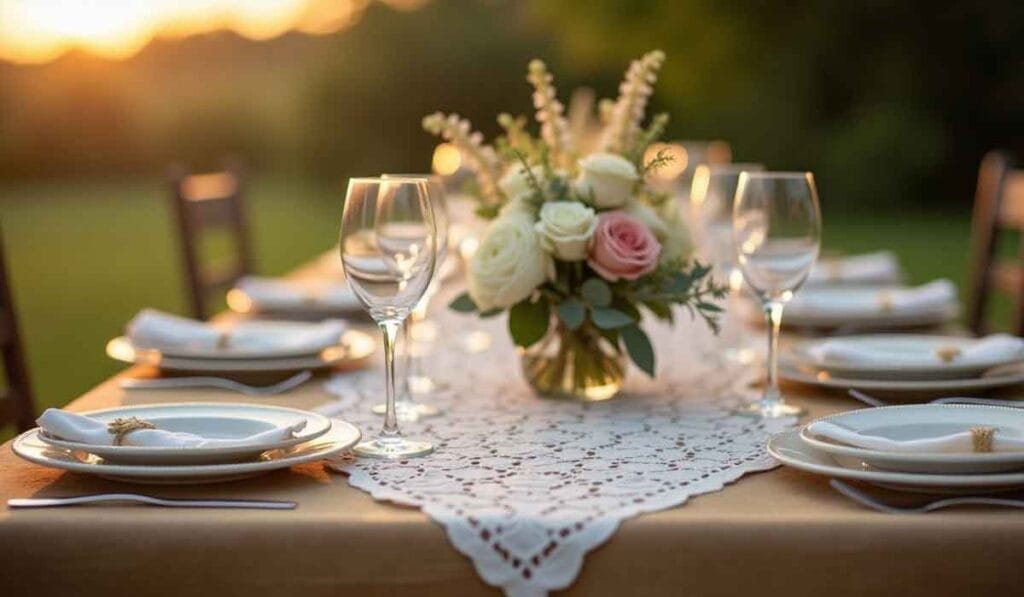 A table set for an outdoor dinner with white plates, wine glasses, and napkins. A floral centerpiece with pink and white roses sits on a lace runner.